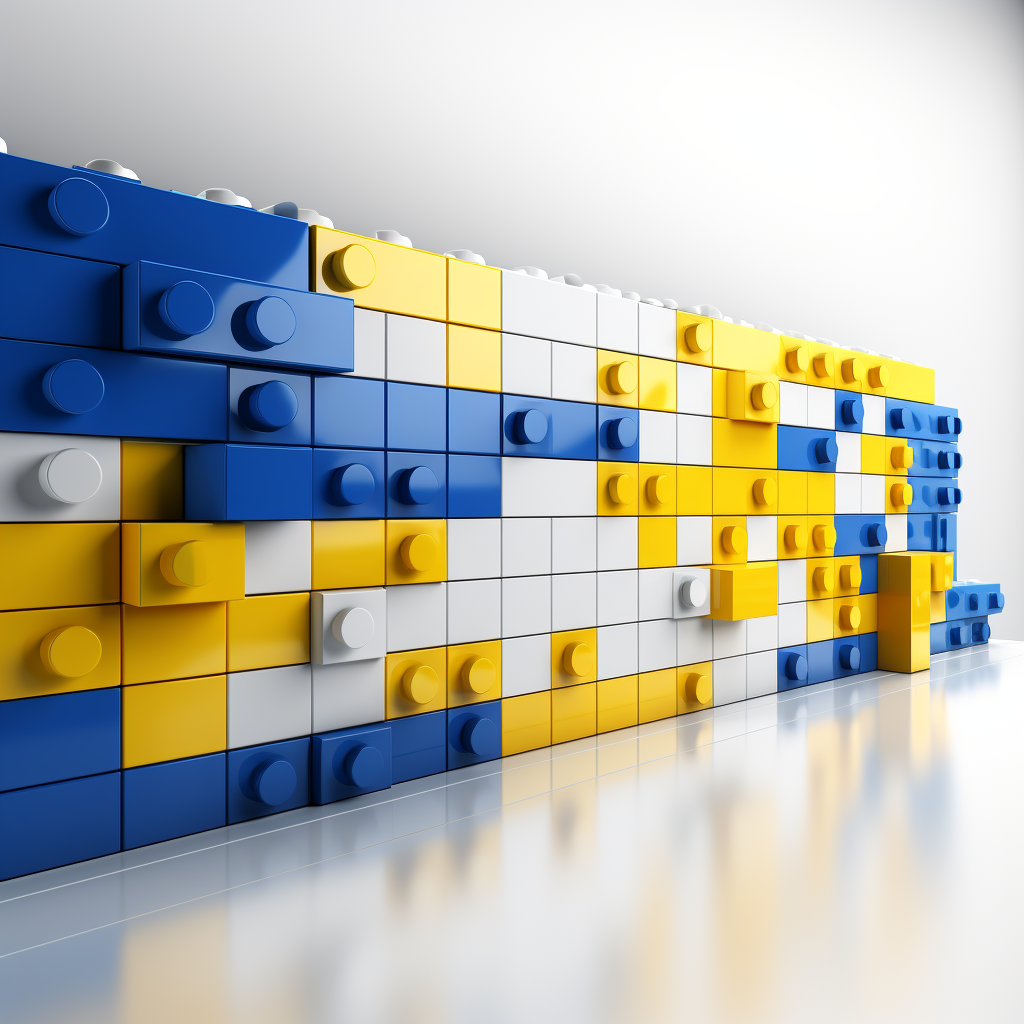 Shiny blue, yellow, and white Lego bricks in place