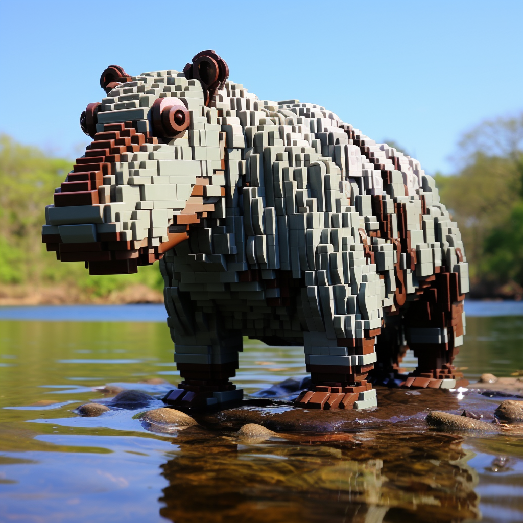 Realistic Lego hippo sculpture