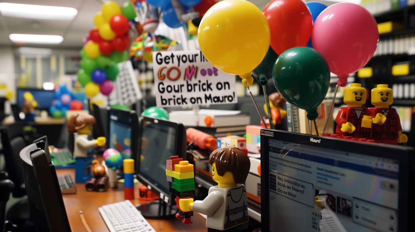 Lego office celebration with banner