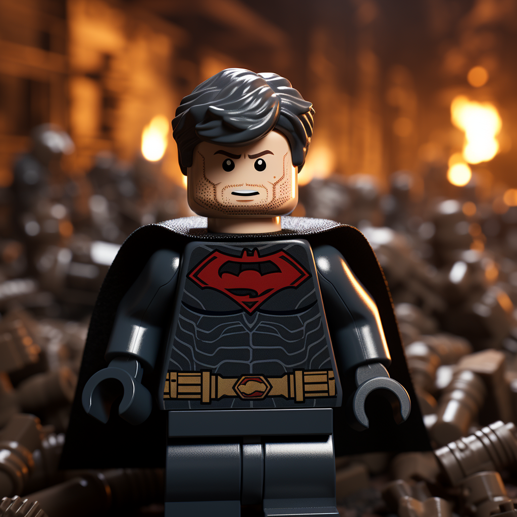 Lego superheroes fighting Lego villains energetically