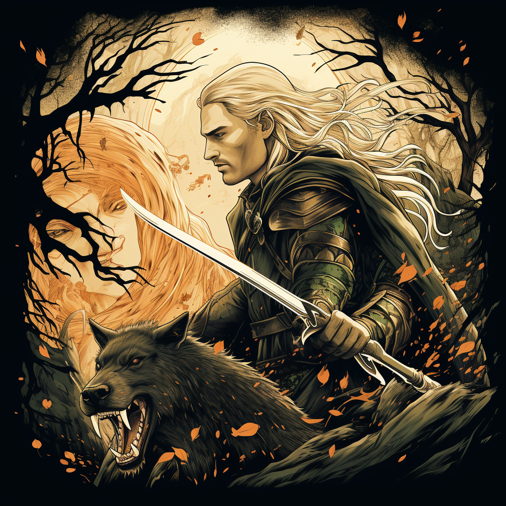 Legolas battling ferocious wolf in graphic art