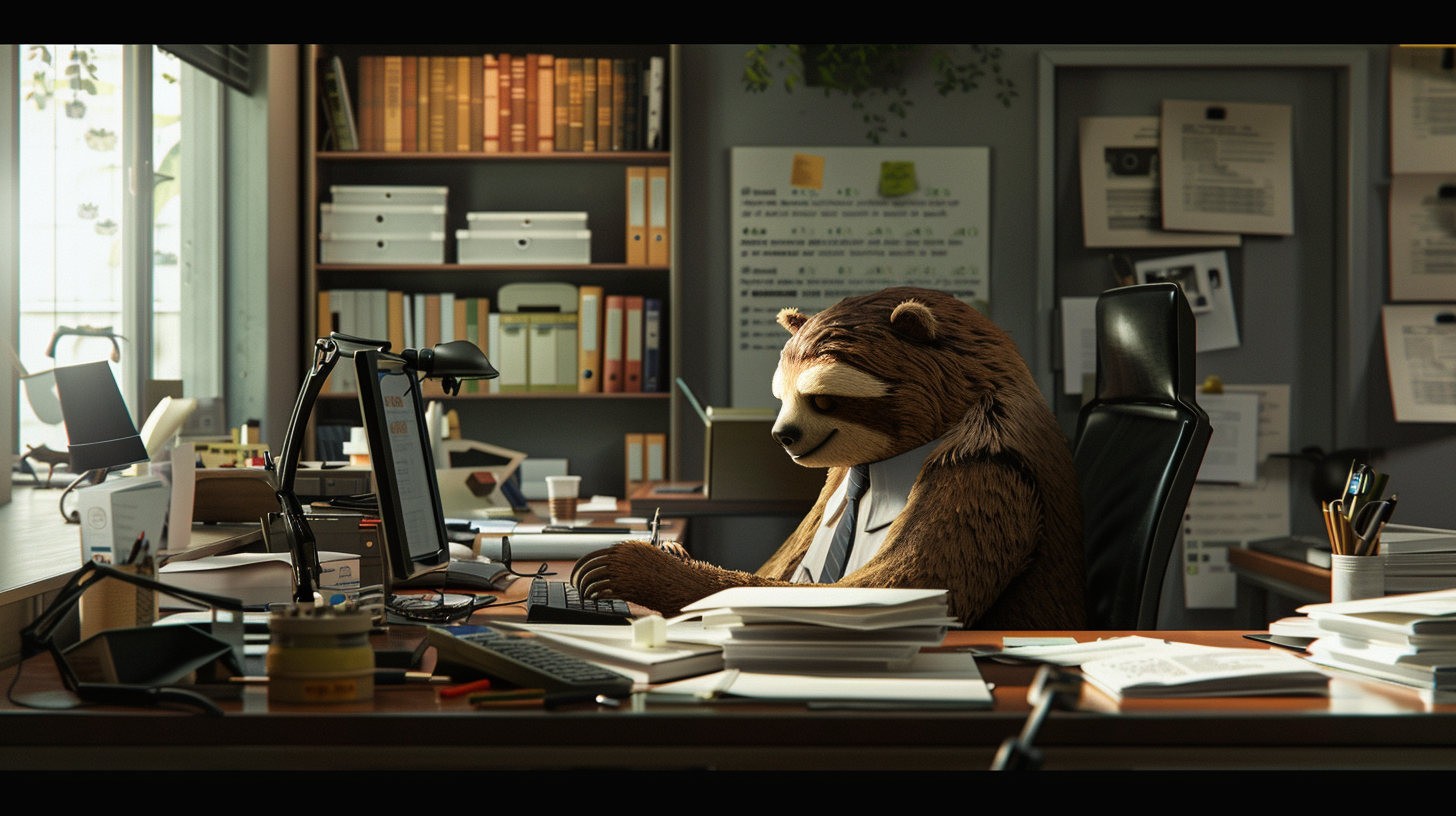 Sloth-like office worker organizing documents