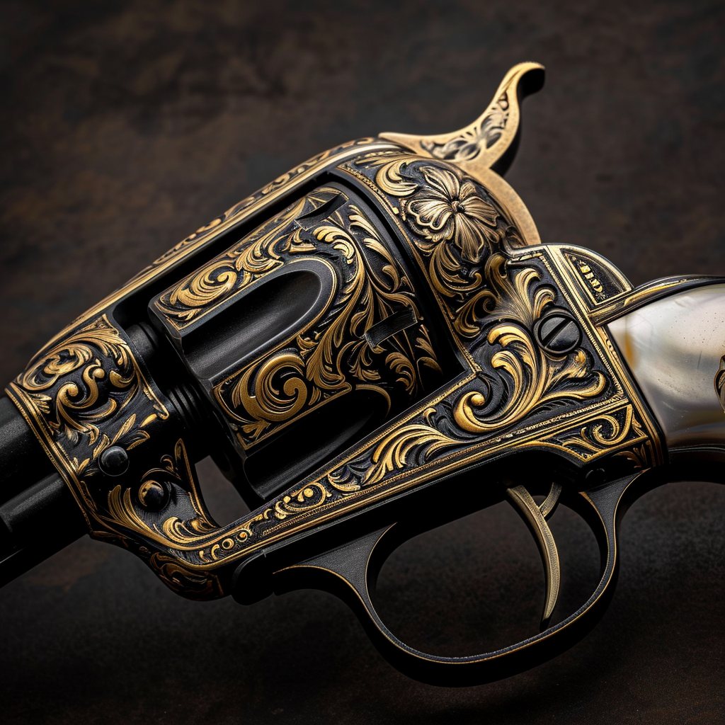 Golden engraving on Lemat revolver with pearl handle