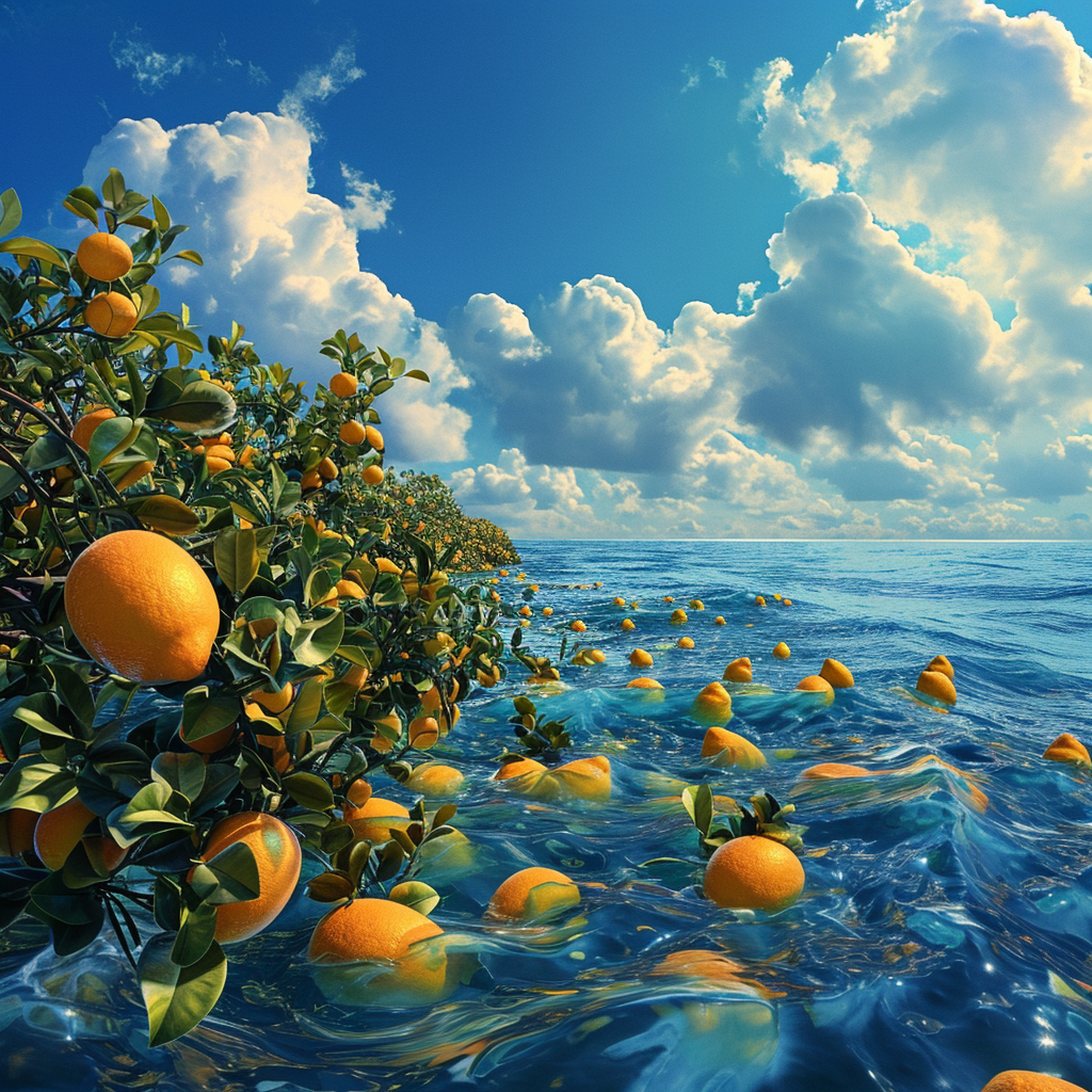 Spectacular lemon grove on beach with blue ocean and floating lemons