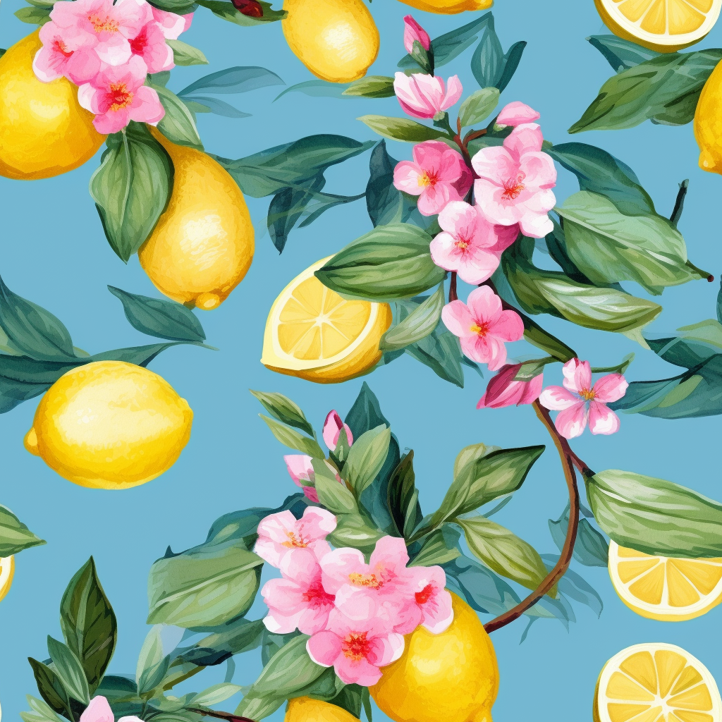 Lemons and Pink Flowers on Blue Background