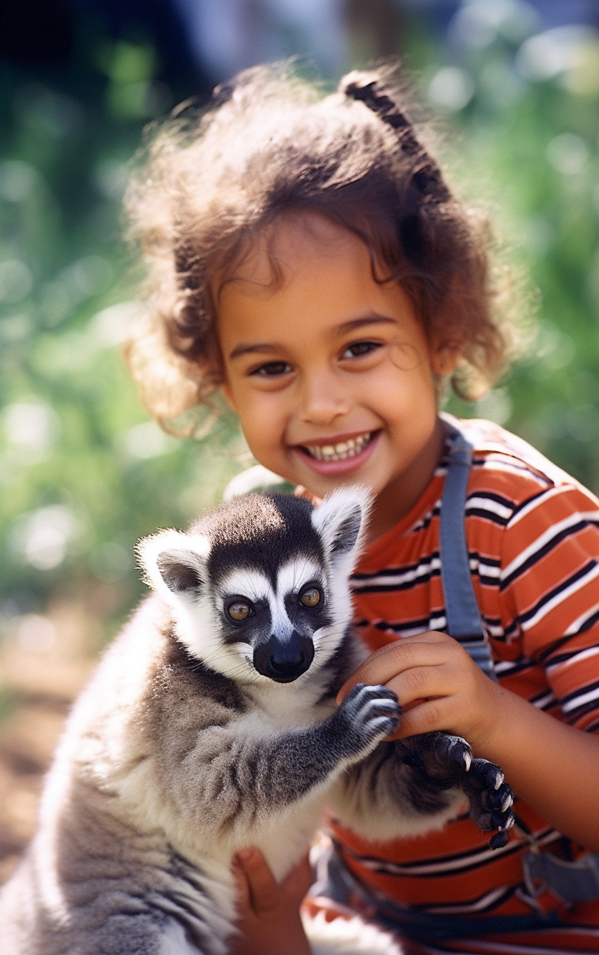 Happy lemur toddler girl playing outside