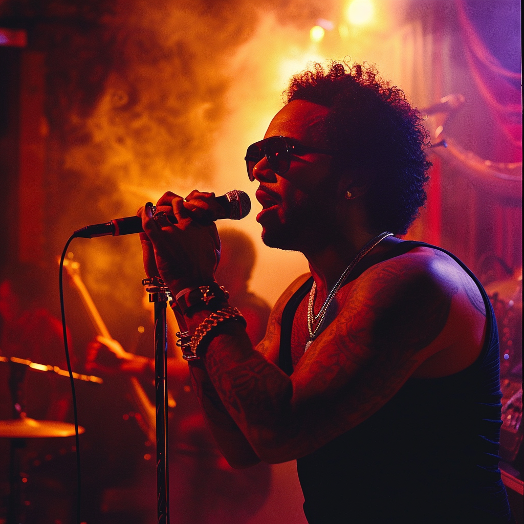 Lenny Kravitz singing in a smokey nightclub