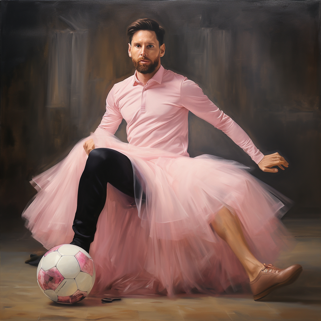 Messi in pink ballet dress with football