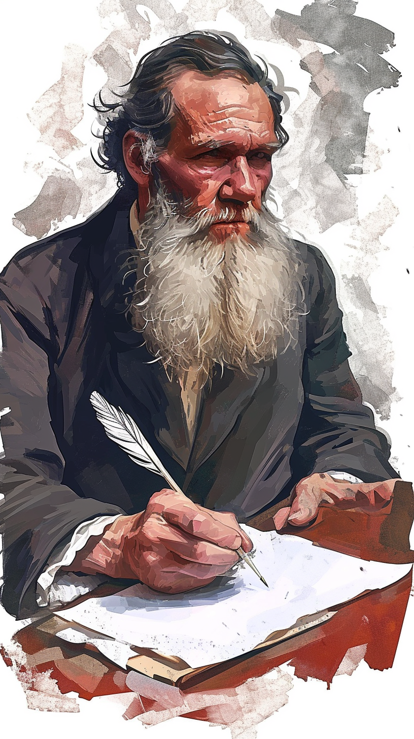 Leo Tolstoy thoughtful writing pose