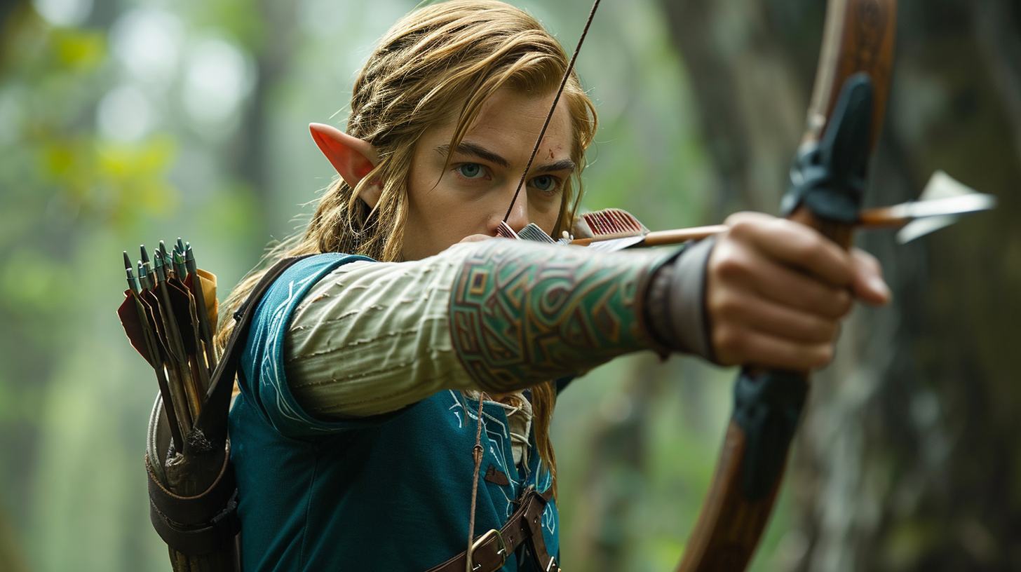 Leonardo DiCaprio as Link shooting a bow and arrow