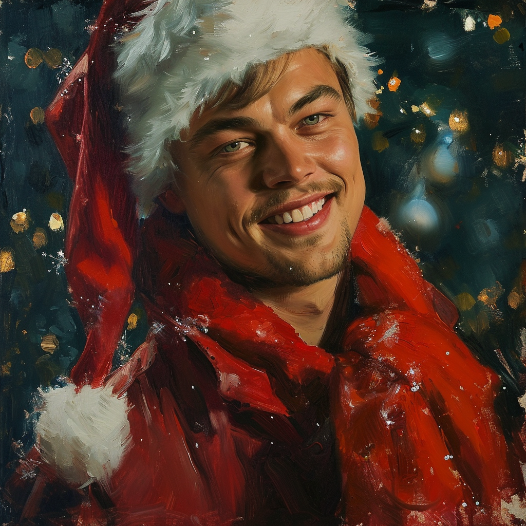 Leonardo DiCaprio smiling in fashionable Santa attire