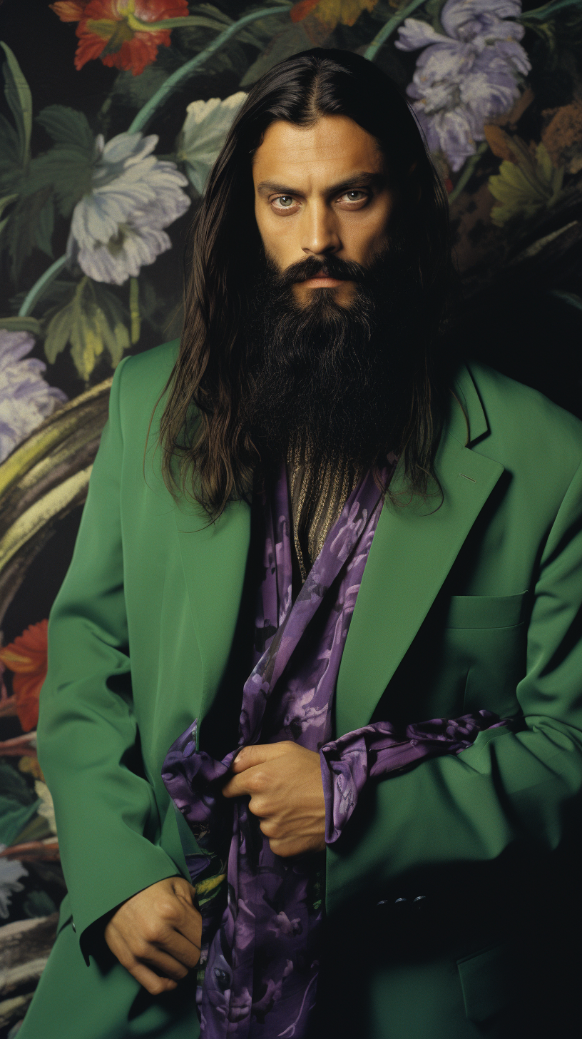 Leonardo da Vinci in purple suit holding a vibrant green aubergine