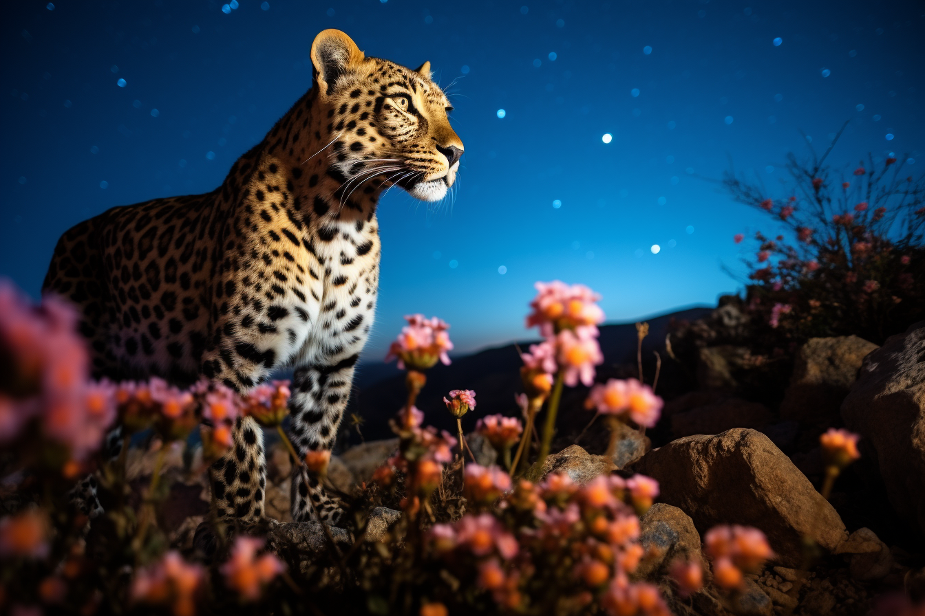 Beautiful Leopard Surrounded by Blue Flowers