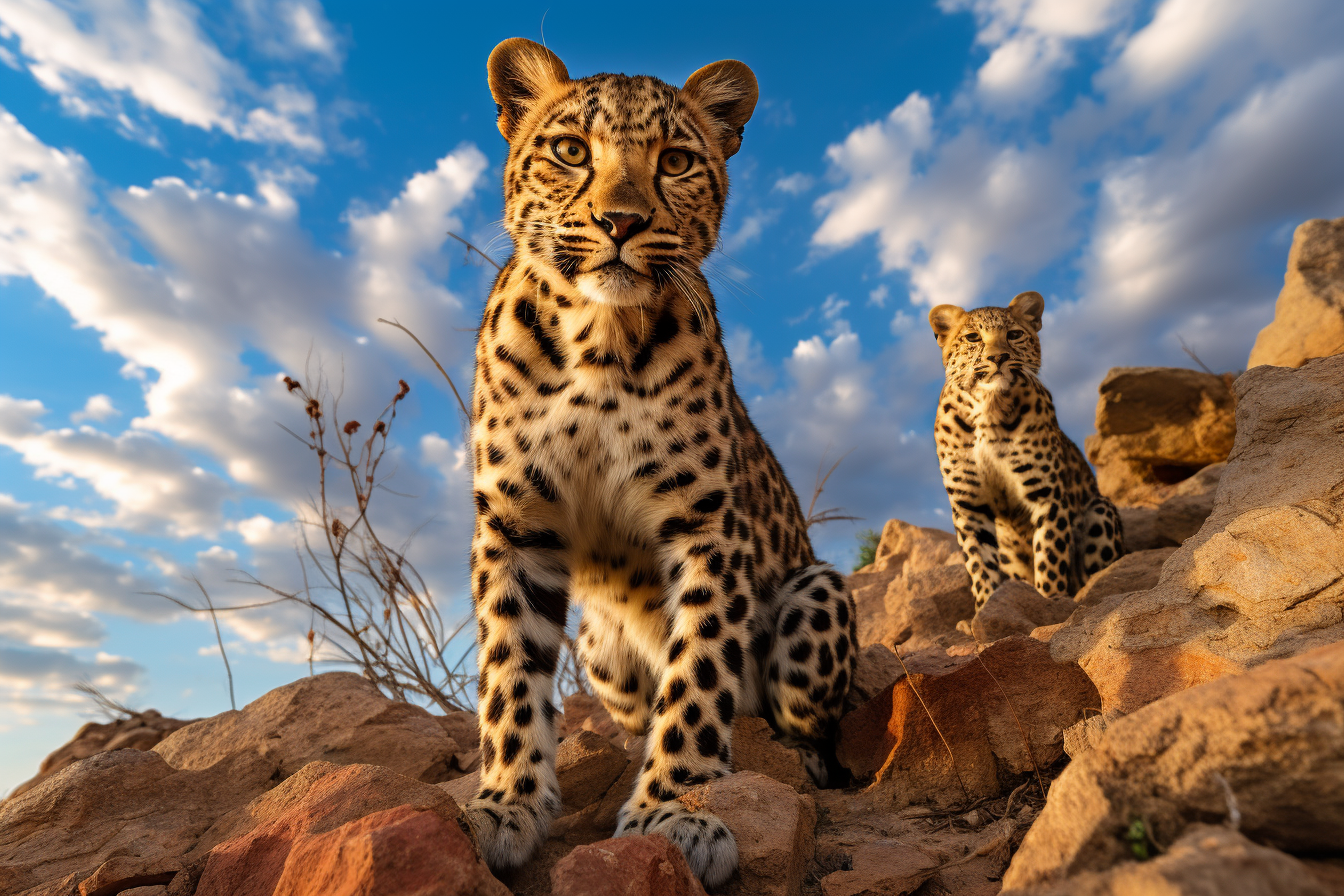 Leopard couple on rocky hill