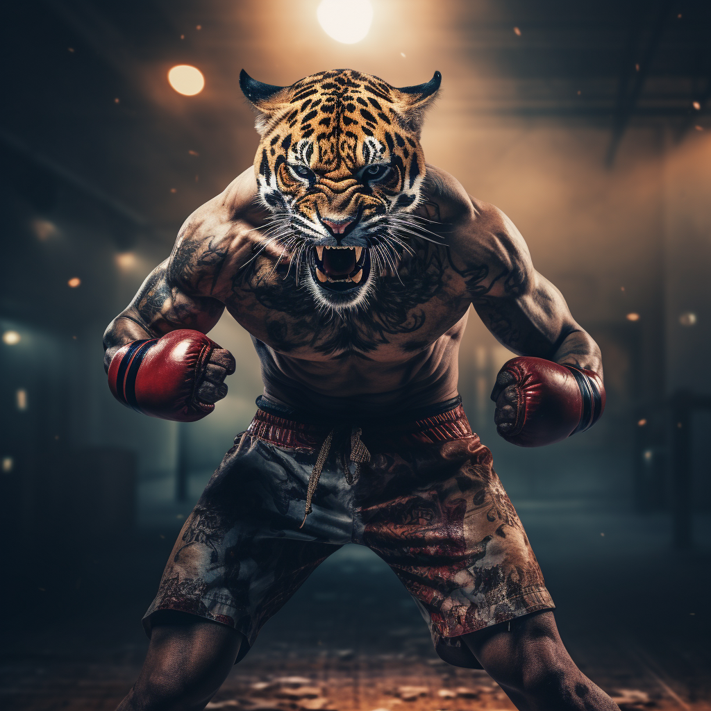 Aggressive leopard Muay Thai fighter in the ring