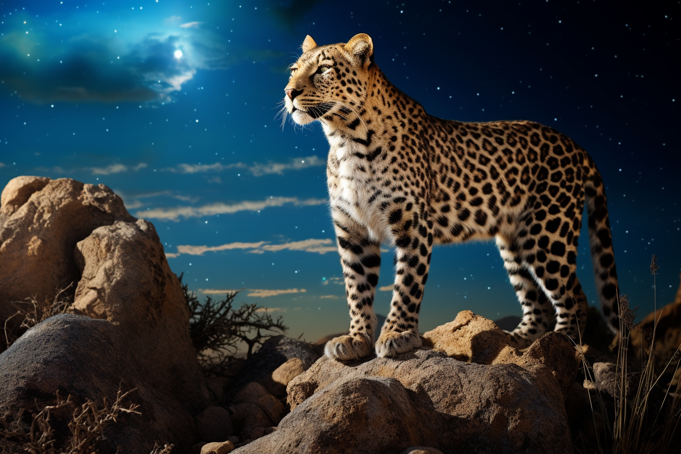 Leopard standing on rocky hill with sky galaxy background