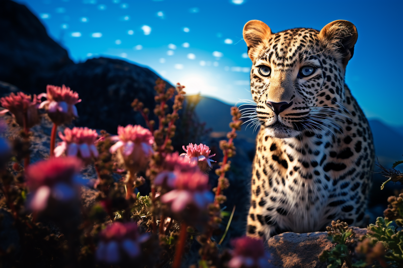 Leopard standing on rocky hill with blue flowers