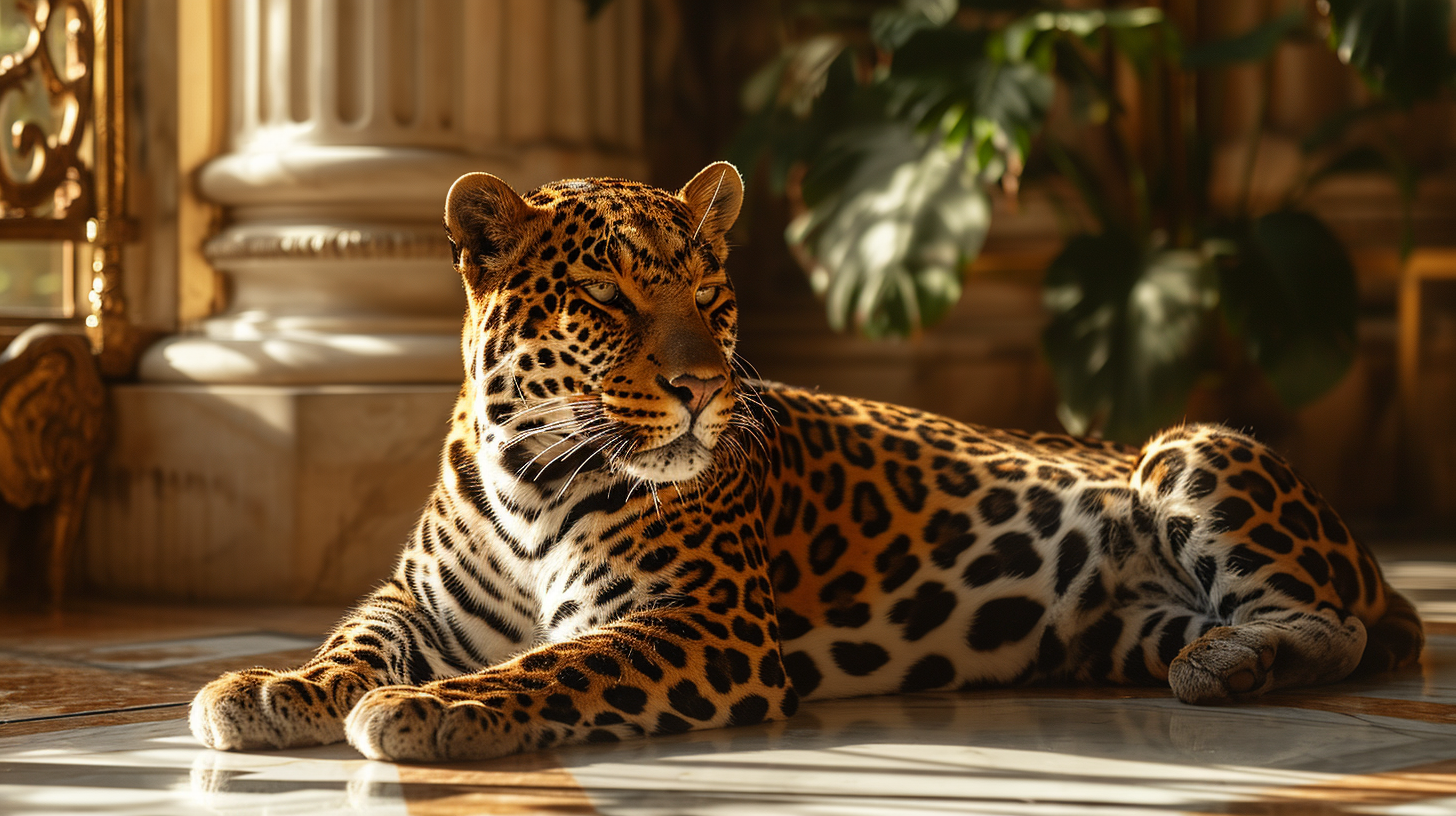 Leopard relaxing on marble floor