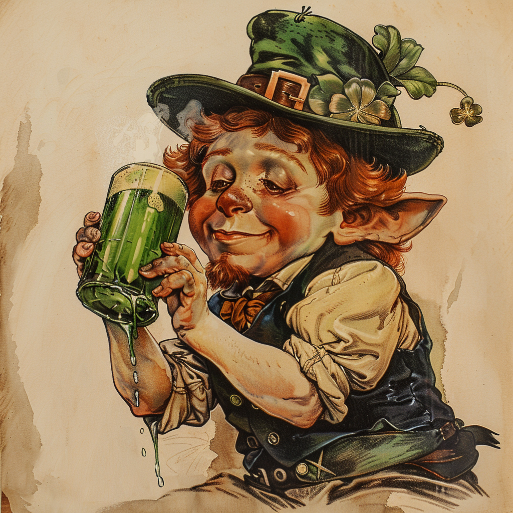 Leprechaun drinking green beer drawing