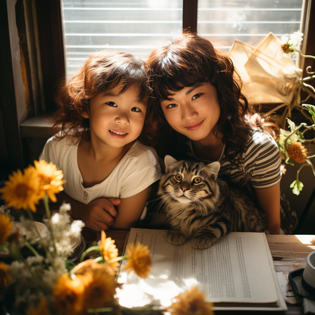 Asian lesbian couple hugging Amerasian child