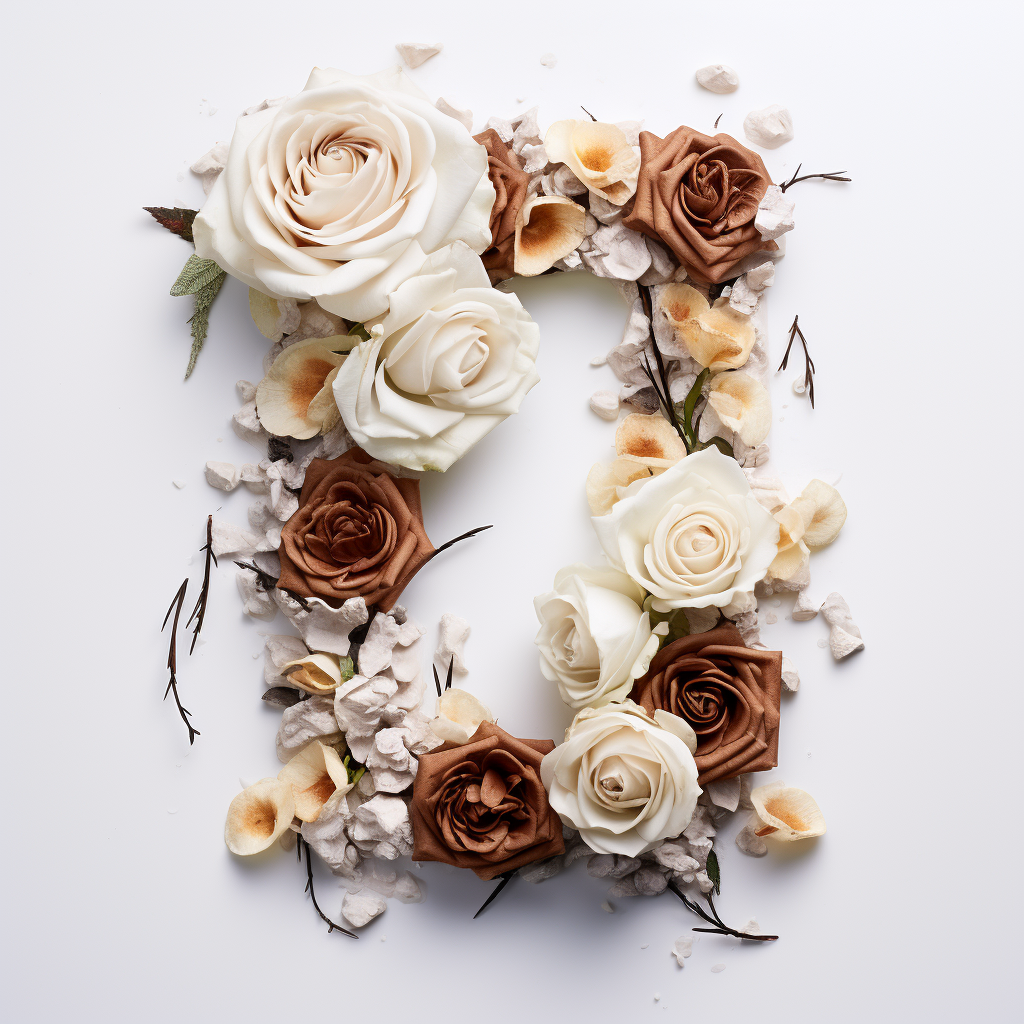 Letter T in white and brown roses on marble background