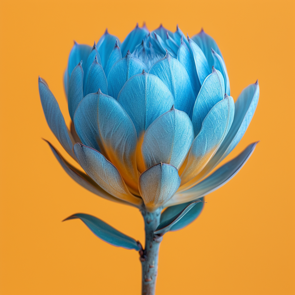 Teal Blue Leucadendron Flower on Yellow Background