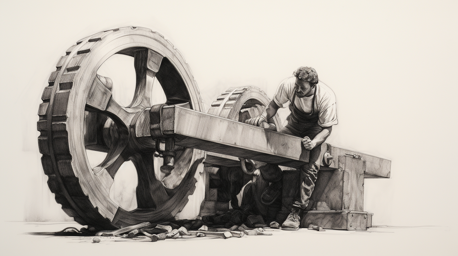 Pencil drawing of a lever in action lifting a heavy weight