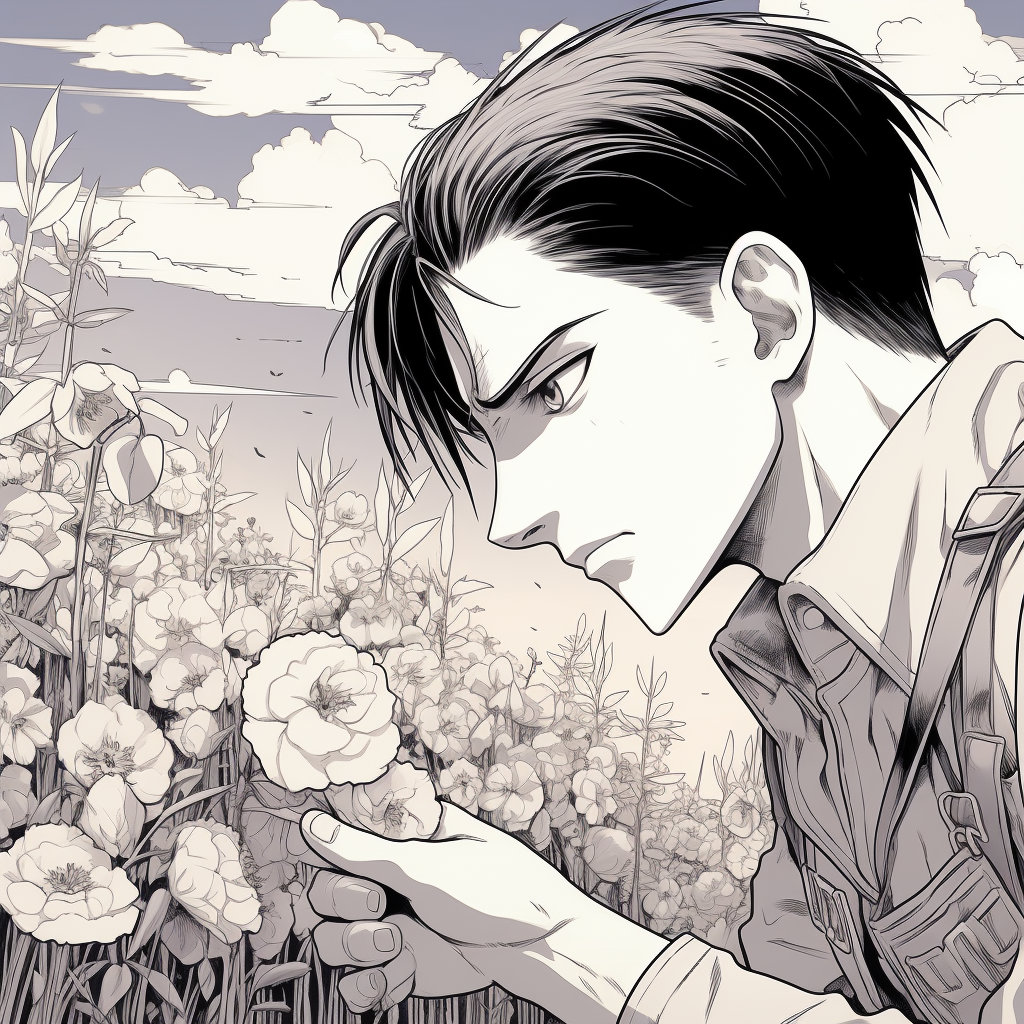 Levi picking flower line art