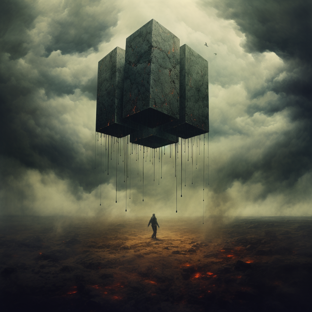 Cube Levitating Over Apocalyptic Landscape