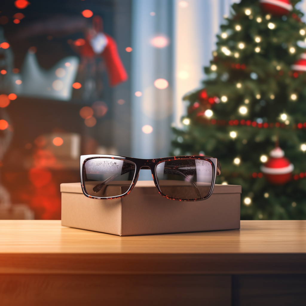 Sunglasses floating above glowing Christmas gift