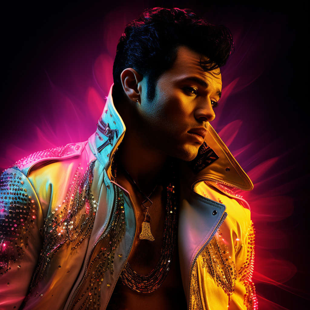 Lewis Hamilton as Elvis Presley portrait with neon lights