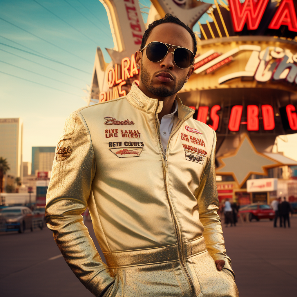 Lewis Hamilton wearing Elvis jumpsuit with Las Vegas sign