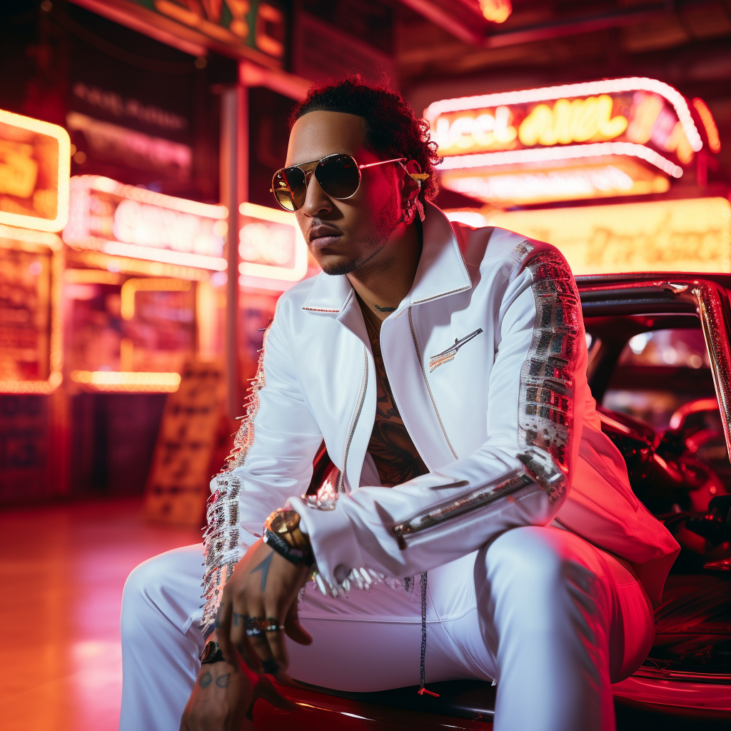 Lewis Hamilton dressed as Elvis Presley with neon lights