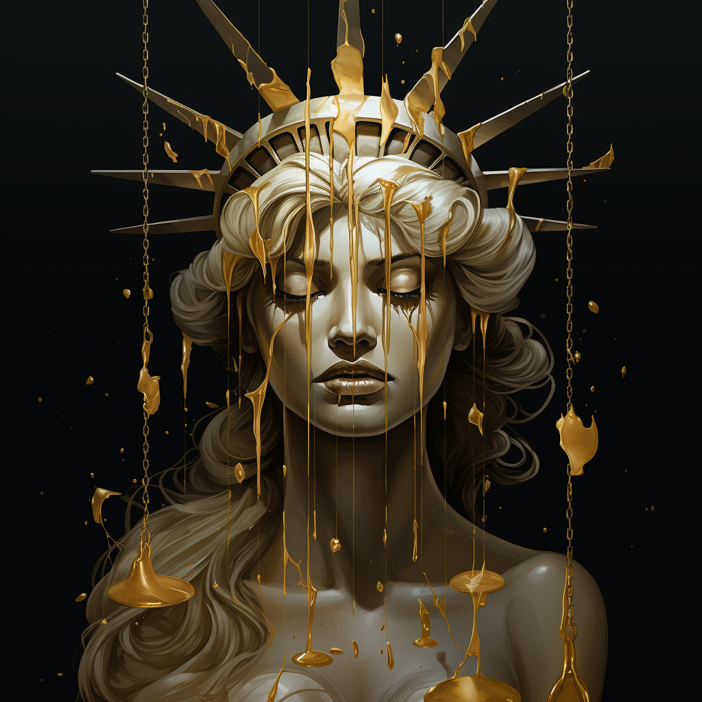 Image of Lady Liberty crying golden and diamond tears