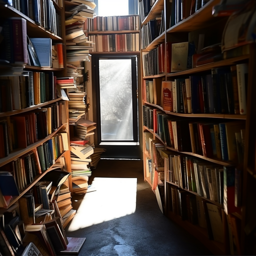 Shadowy library with towering bookshelves