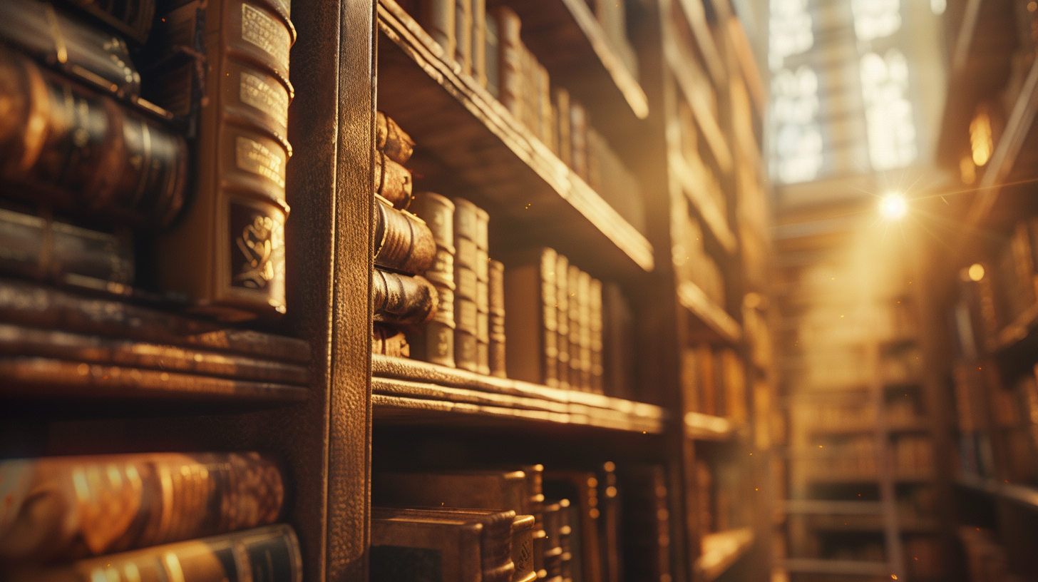 lone reader in dramatic library with aged book