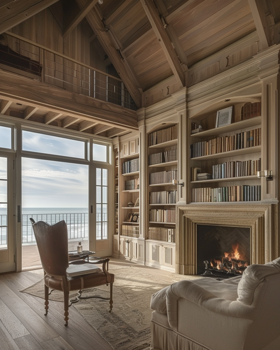 Transitional Style Library with Ocean View