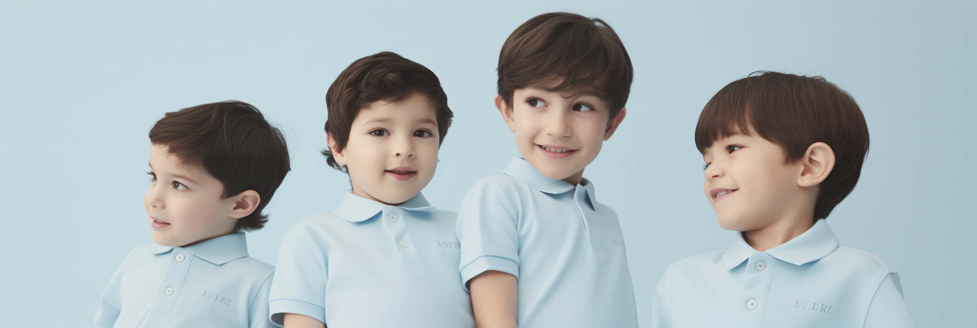 Two cute little boys with a light blue brand logo