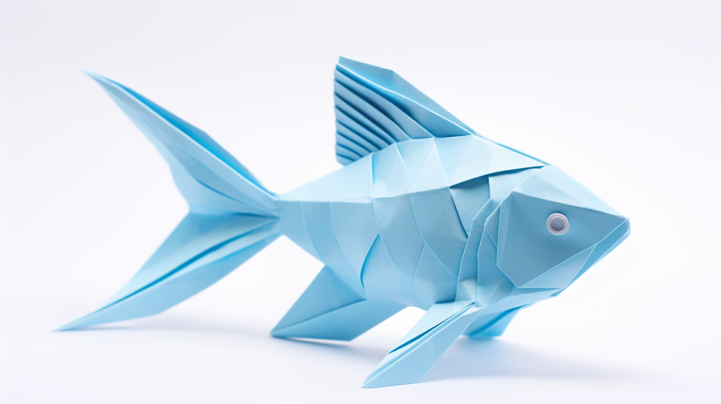 Light blue origami fish on white background