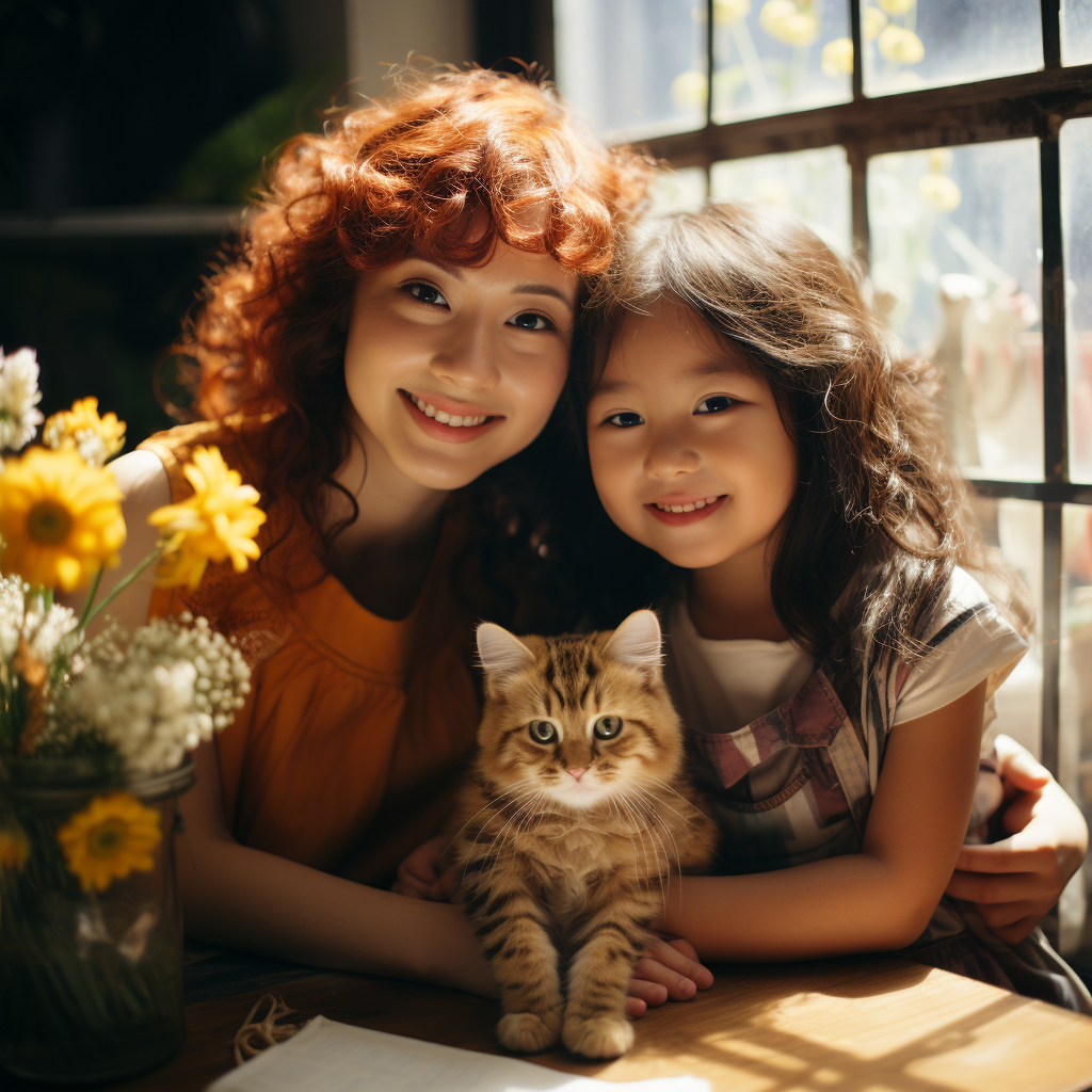 Two Asian woman and American child hugging with a cat