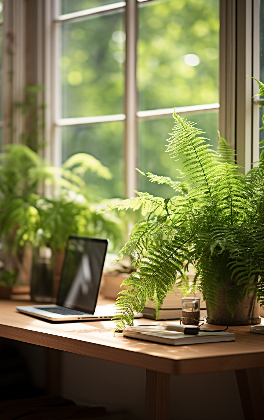 Desk in Beautiful Light-Filled Room with Green Ferns