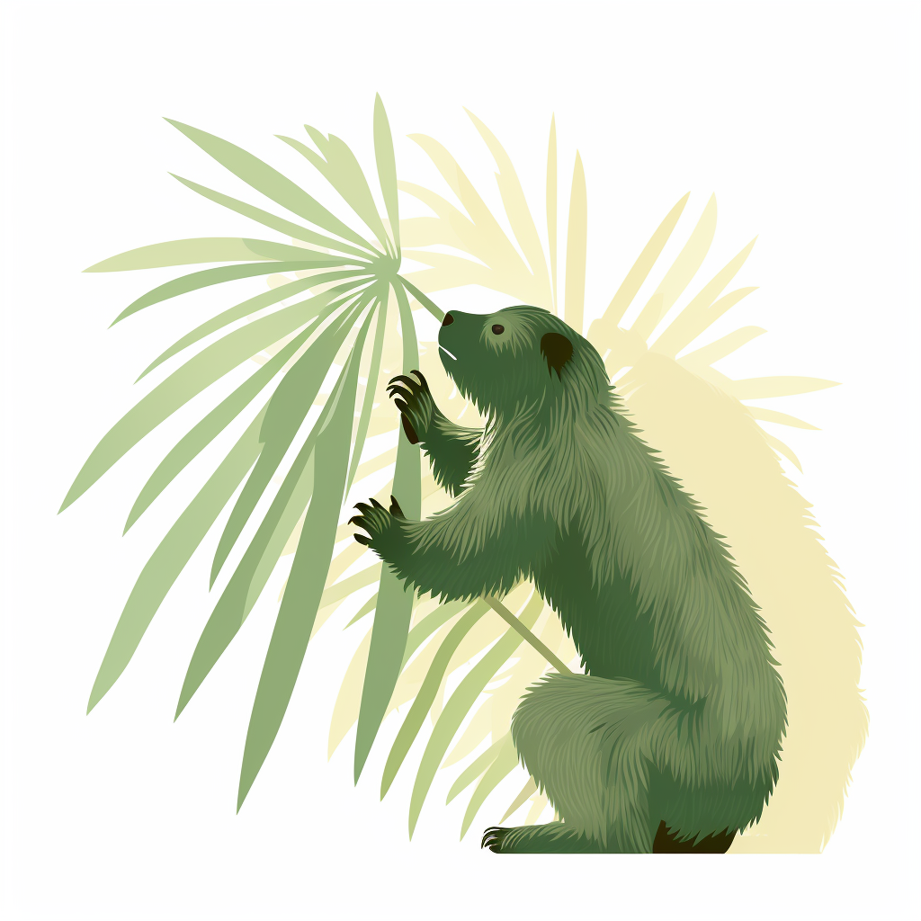 Cute wombat climbing palm leaves