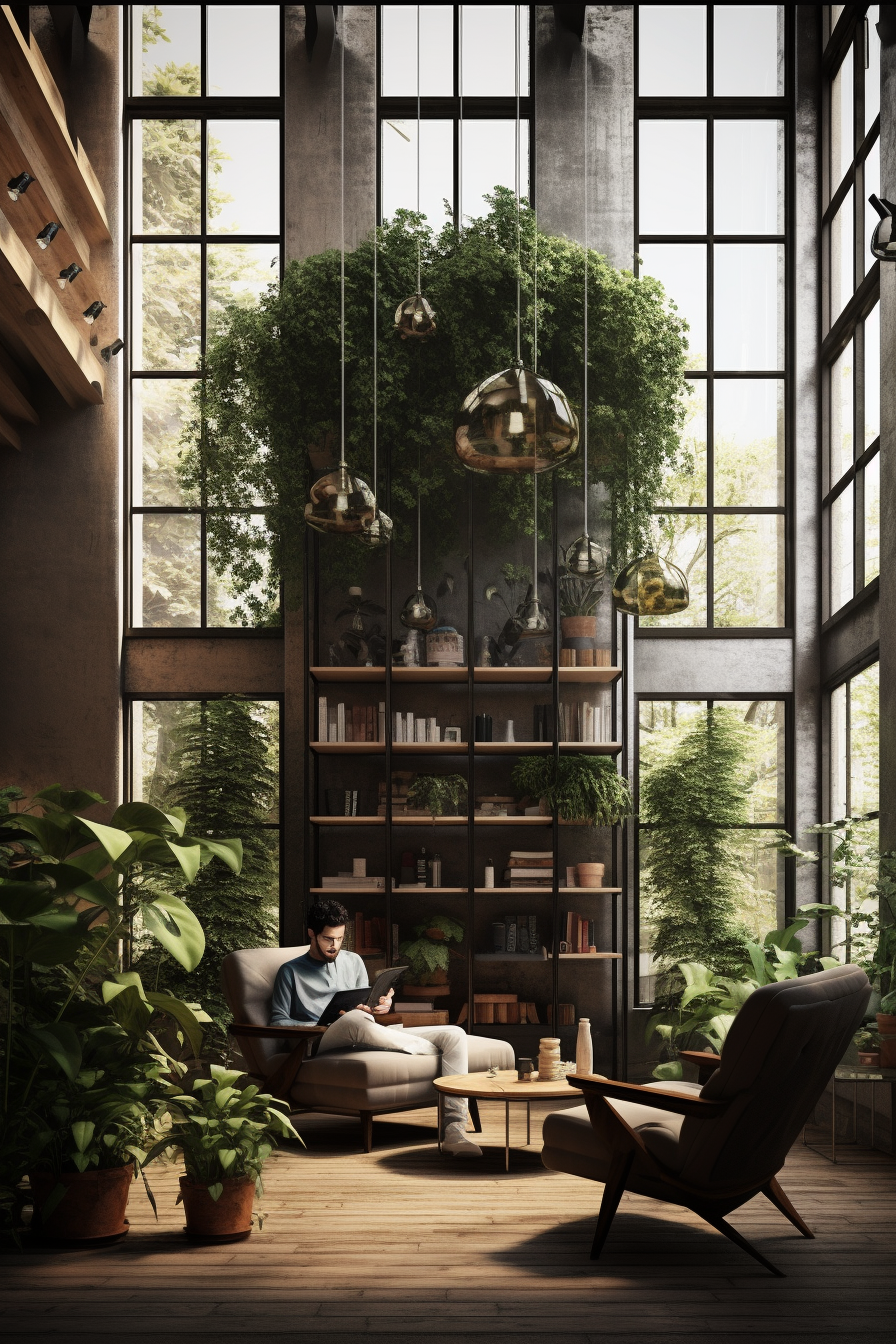 Beautifully designed light interior with furniture and plants