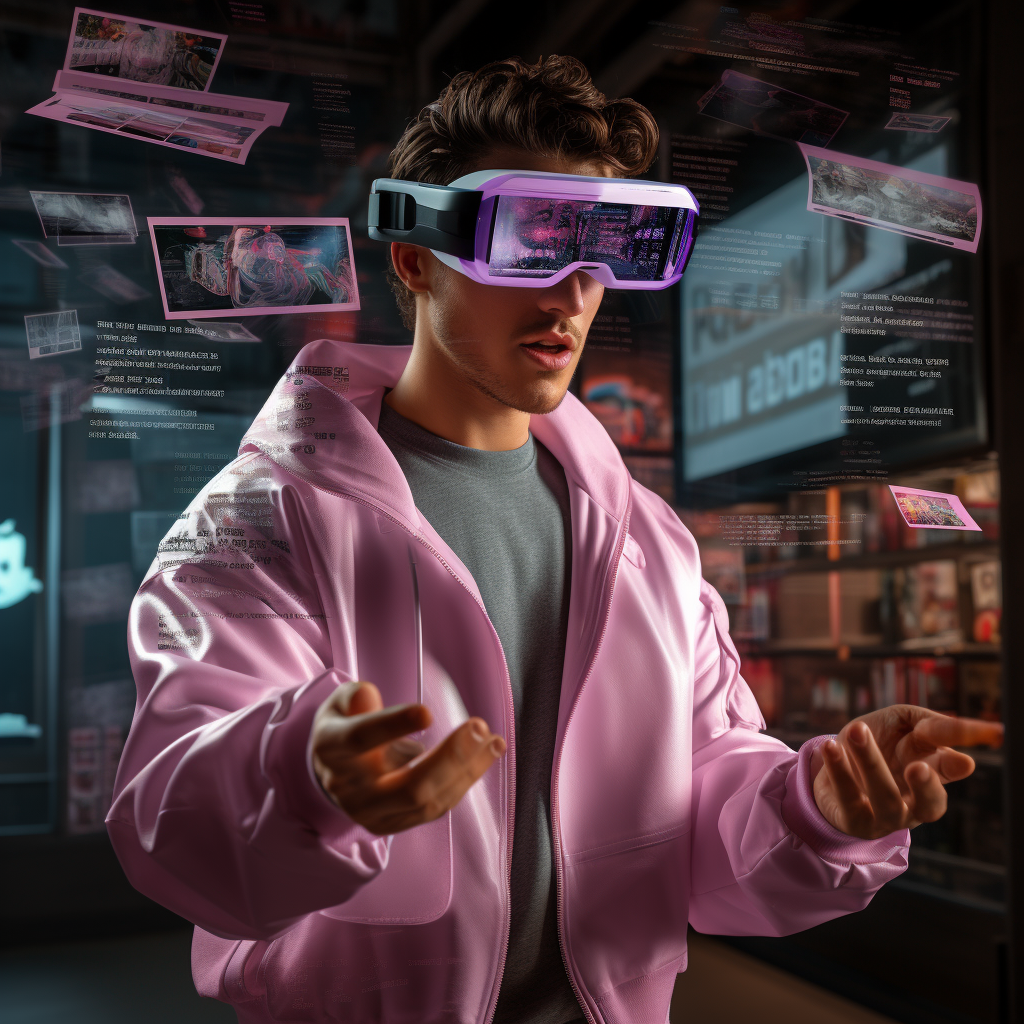 person wearing AR glasses with holographic projection