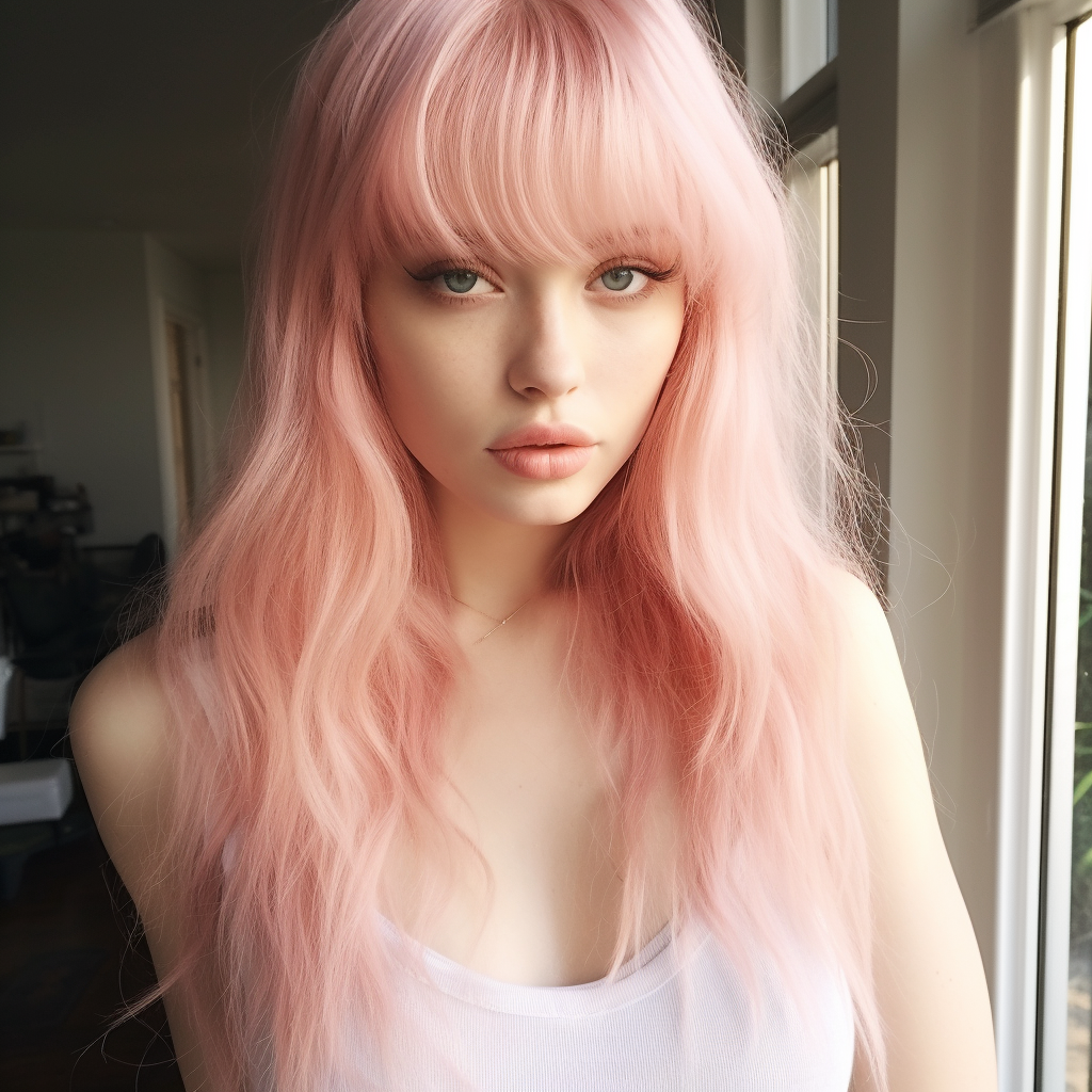 Beautiful woman with pink hair and bangs