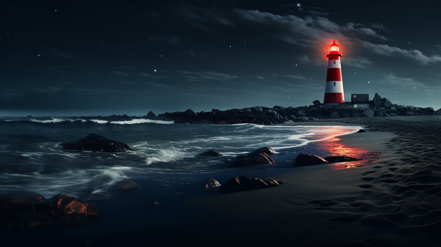 Beautiful lighthouse on the beach at night