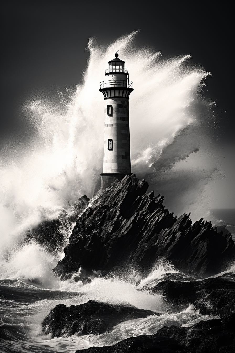 Powerful lighthouse battling crashing waves