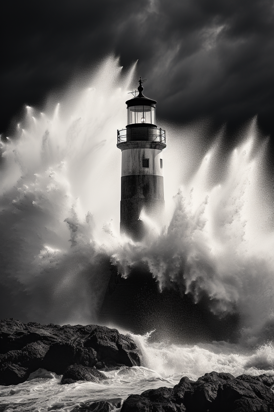 Lighthouse weathering stormy waves on rocky coast