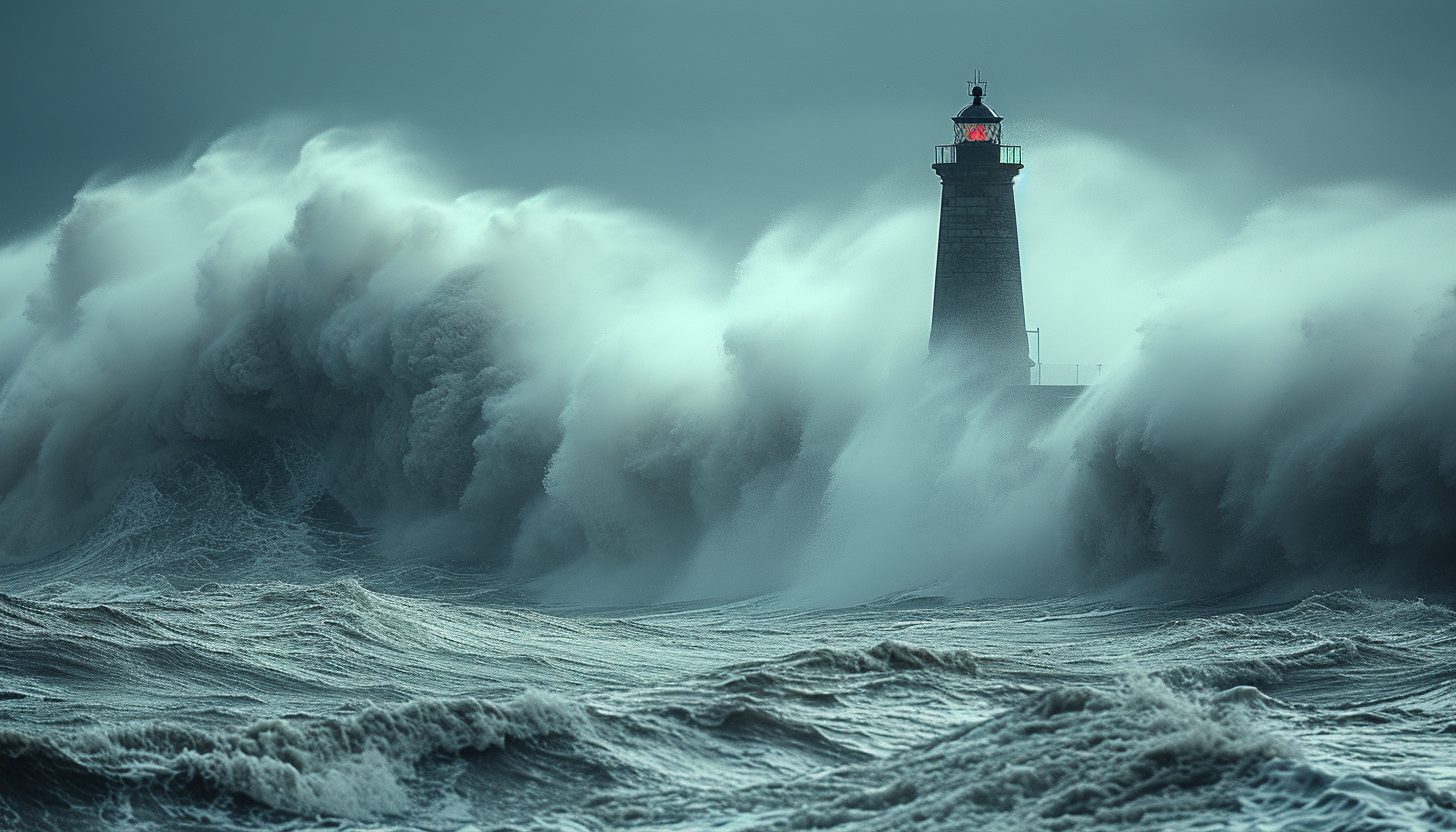 Lighthouse in stormy weather with big waves