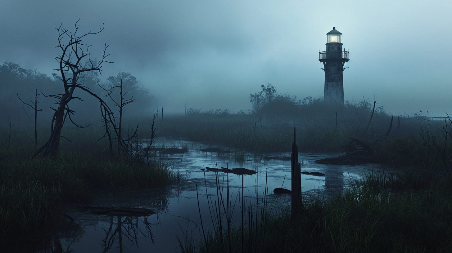 Lighthouse in swamp at dusk